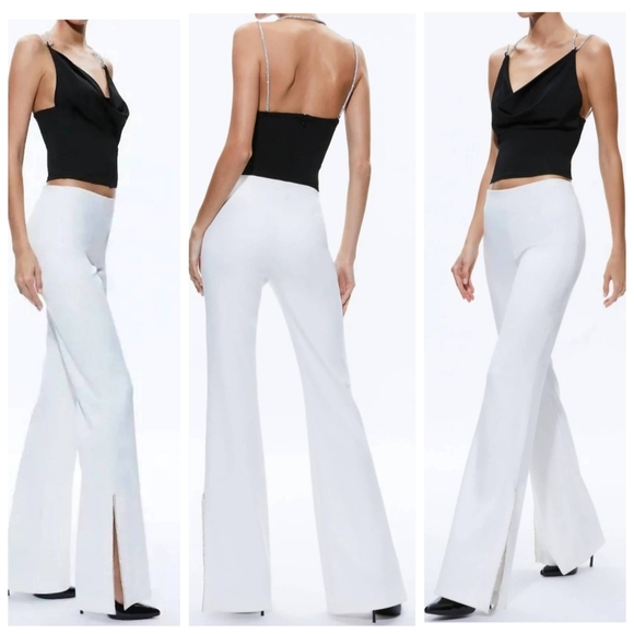 Alice + Olivia Lara Rhinestone Wide Leg Side Slits Pant - Picture 8 of 13